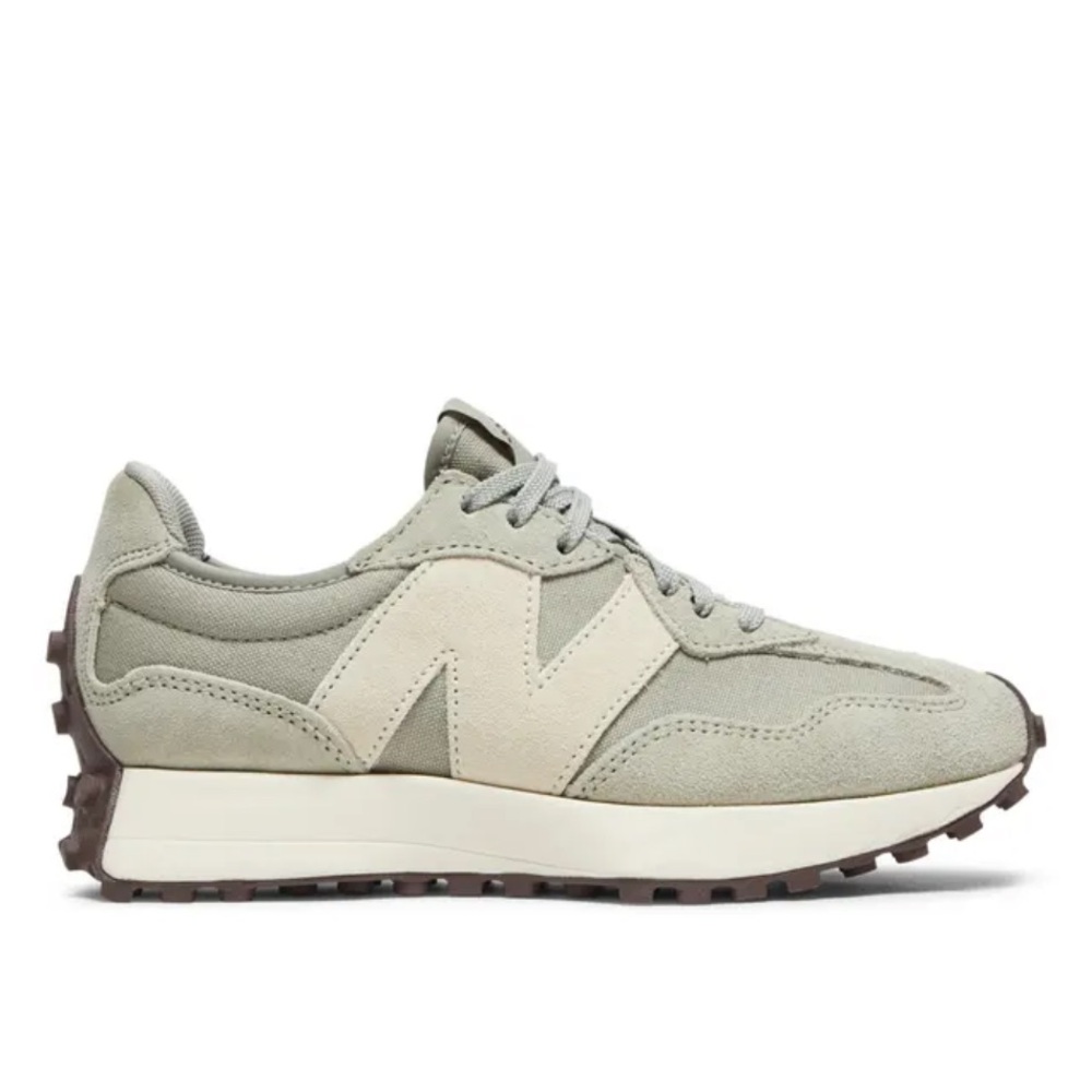 New Balance Women's Sneakers in Light Sage and Cream with Brown Sole